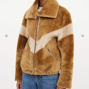 Sandro cropped brown striped shearling/sheepskin coat